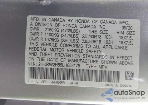 2020 Honda Cr-V Awd Ex-L from USA, damaged, VIN 2HKRW2H85LH688175